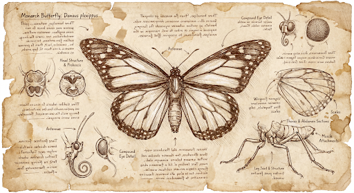 AI-generated Da Vinci style anatomical sketch of a dissected Monarch butterfly.