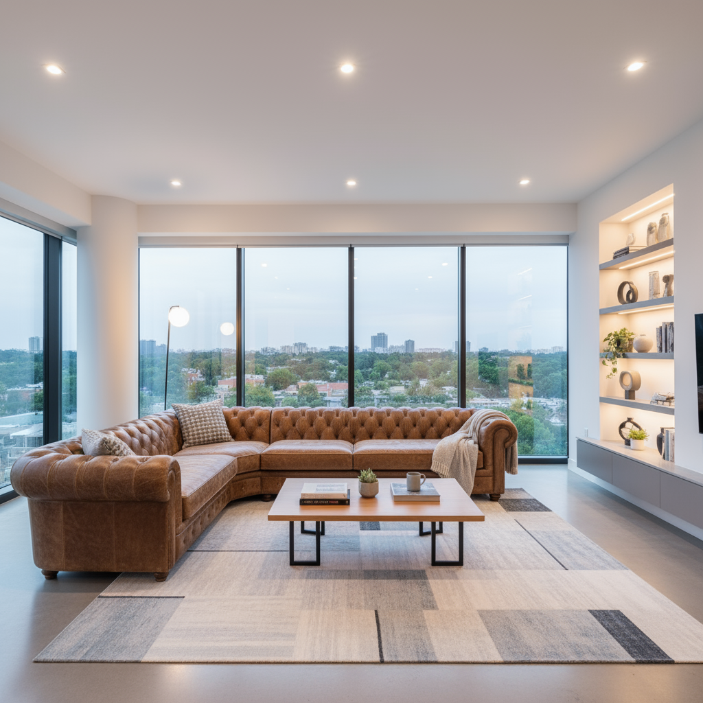 Living room with brown leather sofa