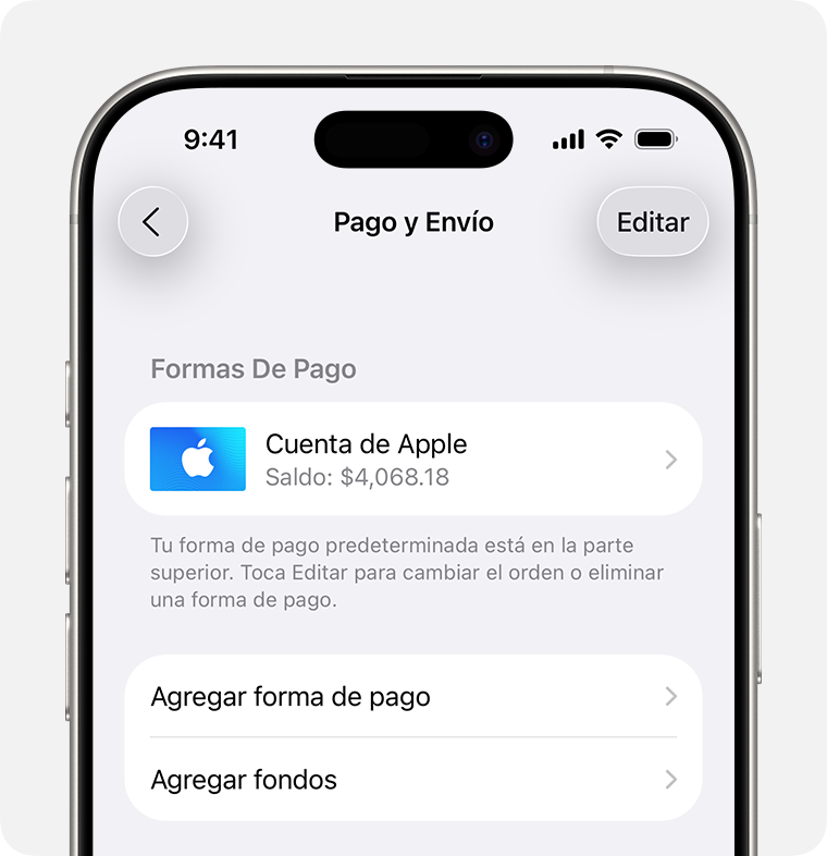 Una pantalla de iPhone en la que se muestra la configuración de Pago y envío de la cuenta de Apple. Para agregar un método de pago, toca Agregar forma de pago.