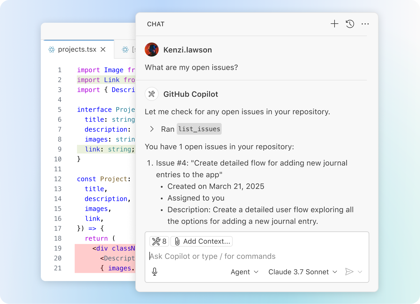 VS Code window showing a code editor with projects.tsx open, alongside a chat panel in Agent mode. The chat discusses an open issue from GitHub.