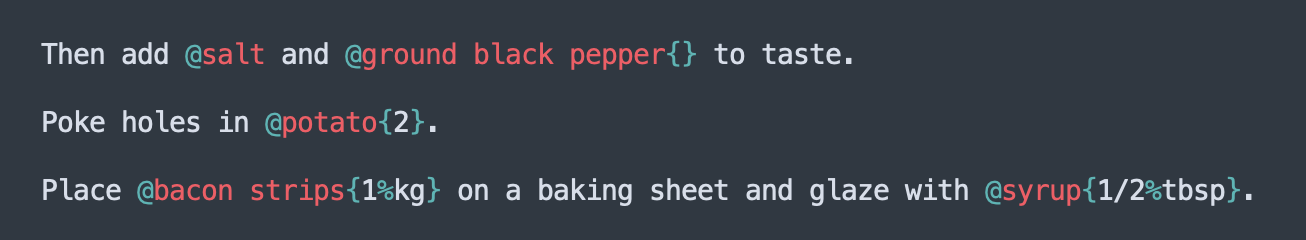 Cooklang recipe example with syntax highlighting