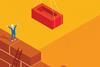 A tiny builder guides an oversized brick on a crane into a space on a wall
