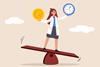 Carton of a woman in a lab coat balancing on a seesaw. She is holding a clock in one hand and a large coin in the other.
