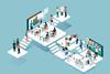 A cartoon of people in education and work on a T-shape platform