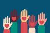 Illustrations with five raised hands in different colours with hearts in their palms 