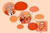 A graphic image consisting of a sequence of circles people with speech bubbles: in the first circle a teacher is thinking aloud; in the second, the teacher and pupils are in discussion; in the last, a pupil doing it alone