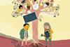 An illustration of two teachers watering tree with students sitting and studying in the branches