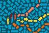 An illustration of people finding their way through a maze of arrow