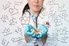 An image of a dietician surrounding by formulae of vitamins and food additives