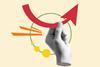 A collage of a hand holding a curly arrow with other shapes around