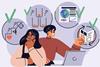A cartoon of a man and woman looking at icons representing different types of teaching approaches including direct interactive, enquiry, prooject-based and flipped.