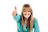 A student on her laptop giving a thumbs up