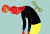 An illustration of a woman bent over tired with a clockwork key in her back