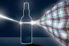 An illustration of a beam of light passing through a whisky bottle to become a rainbow and some tartan, symbolising raman spectroscopy
