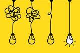 Cables unraveling across four different light bulbs with the fourth cable straight and the light bulb on 