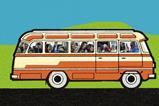 A cartoon bus with photos of high schools students and their teachers in the windows