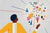 A cartoon of a person giving a presentation represented by colourful shapes.