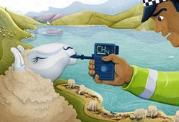 An image showing a policeman checking the methane content of a sheep's breath using a breathalyser