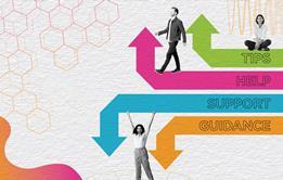 An illustration featuring four arrows in different colours, with the words "Tips", "Help", "Support" and "Guidance". On and around the arrows are several images of people walking, sitting and jumping.