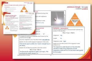 Student and teacher sheets on magnesium and oxygen reaction equation on orange-red background