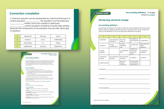 Example pages from the resource including a student worksheet, slides and teacher notes
