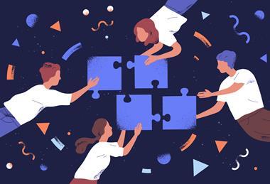 An abstract illustration showing four people working together to fit large puzzle pieces together against a background featuring a variety of different shapes