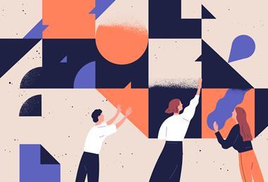An abstract illustration showing three people working together, moving different shapes around a space to fit