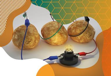 Photo of a circuit using three potatoes to light a bulb
