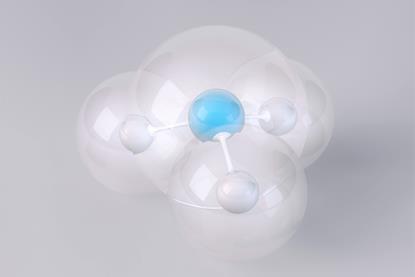 A 3D rendered model illustrating the structure of a molecule of ammonia
