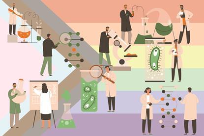 An illustration of scientists at work with oversized equipment on a Progress Pride flag background, to illustrate diversity and inclusion in STEM
