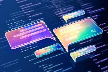 Abstract illustration of colourful, layered chat bubbles labelled 'AI' floating over a blurred background of computer code, representing digital communication or artificial intelligence.