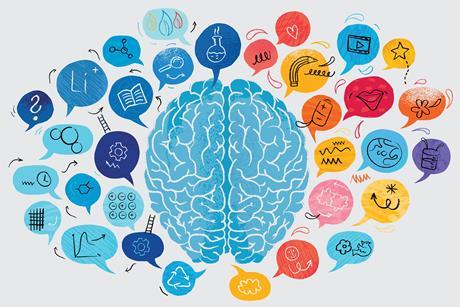 A drawing of a brain surrounded by blue speech bubbles containing the elements of chemistry and multicoloured bubbles of creativity and application of chemistry
