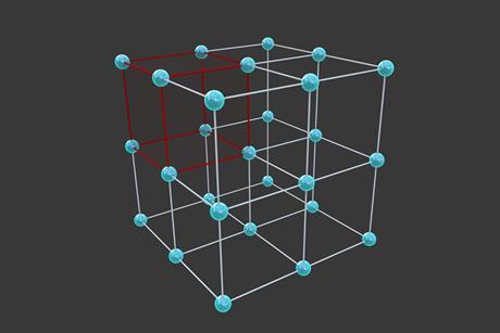 A 3D illustration of a crystal unit cell, with spheres representing ions in a cubic arrangement
