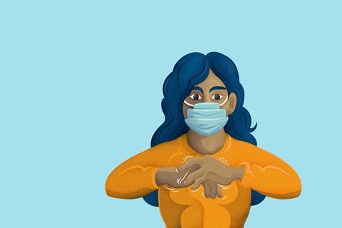 A cartoon of a woman rubbing her hand with hand sanitizer