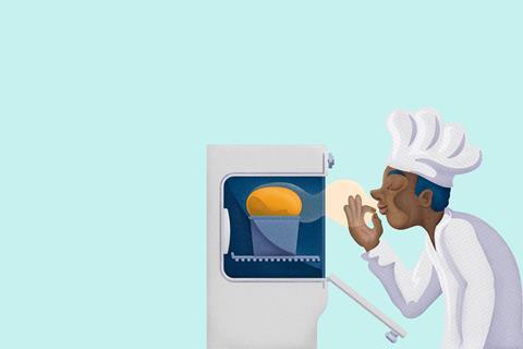An illustration showing a man smelling a freshly baked bread
