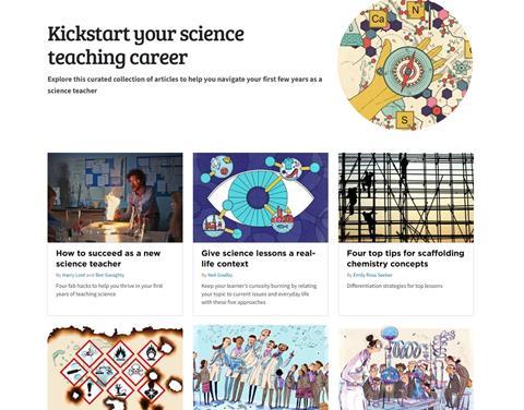 A screenshot from a webpage showing images and headlines for articles about teaching chemistry.