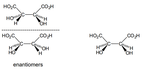 Three chemical structures, including two enantiomers of tartaric acid