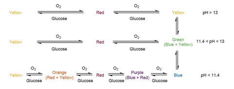 Diagram showing the possible colours of indigo carmine at various pHs