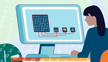 Simple illustration of a person looking at a computer screen showing binary code connected to science-related icons, representing AI or data analysis.