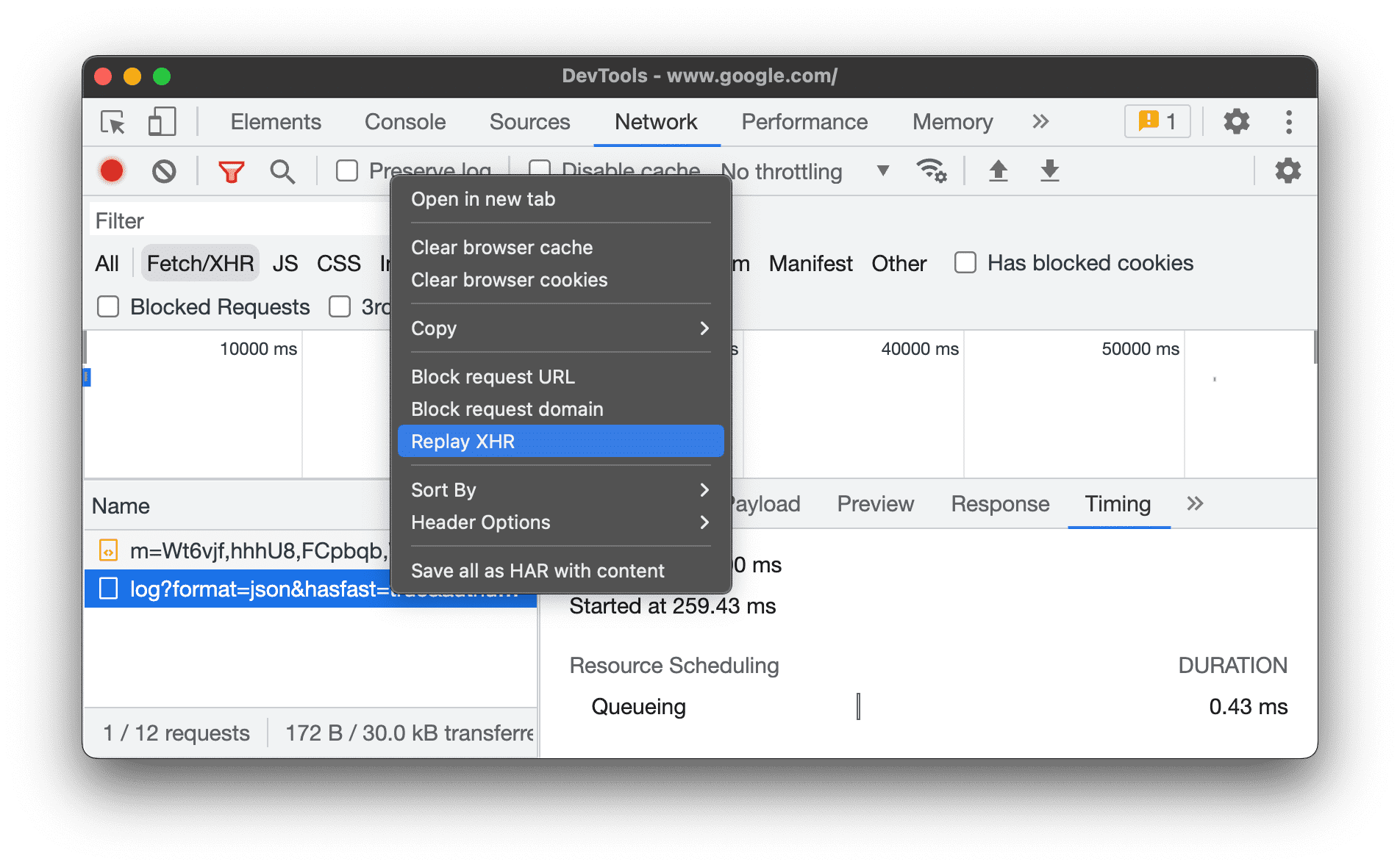 בחירת 'הפעלה מחדש של XHR'.
