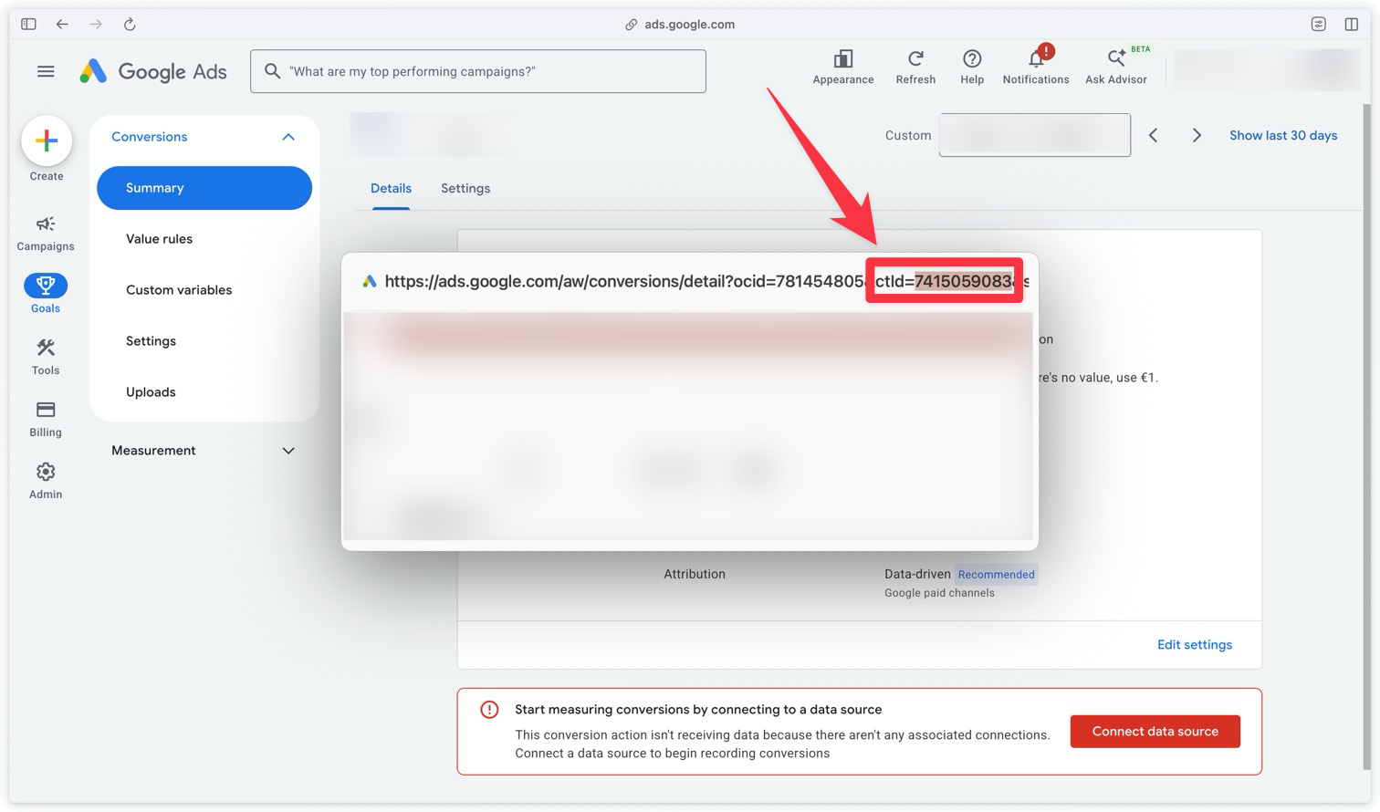 Location of the Conversion ID for a Google Ads conversion