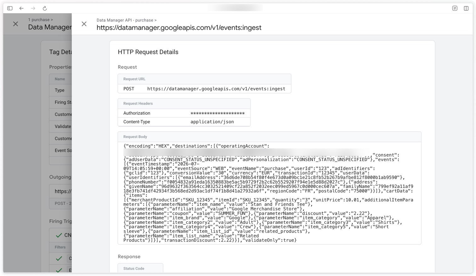 Payload of the request sent to Data Manager API in the GTM Server preview
