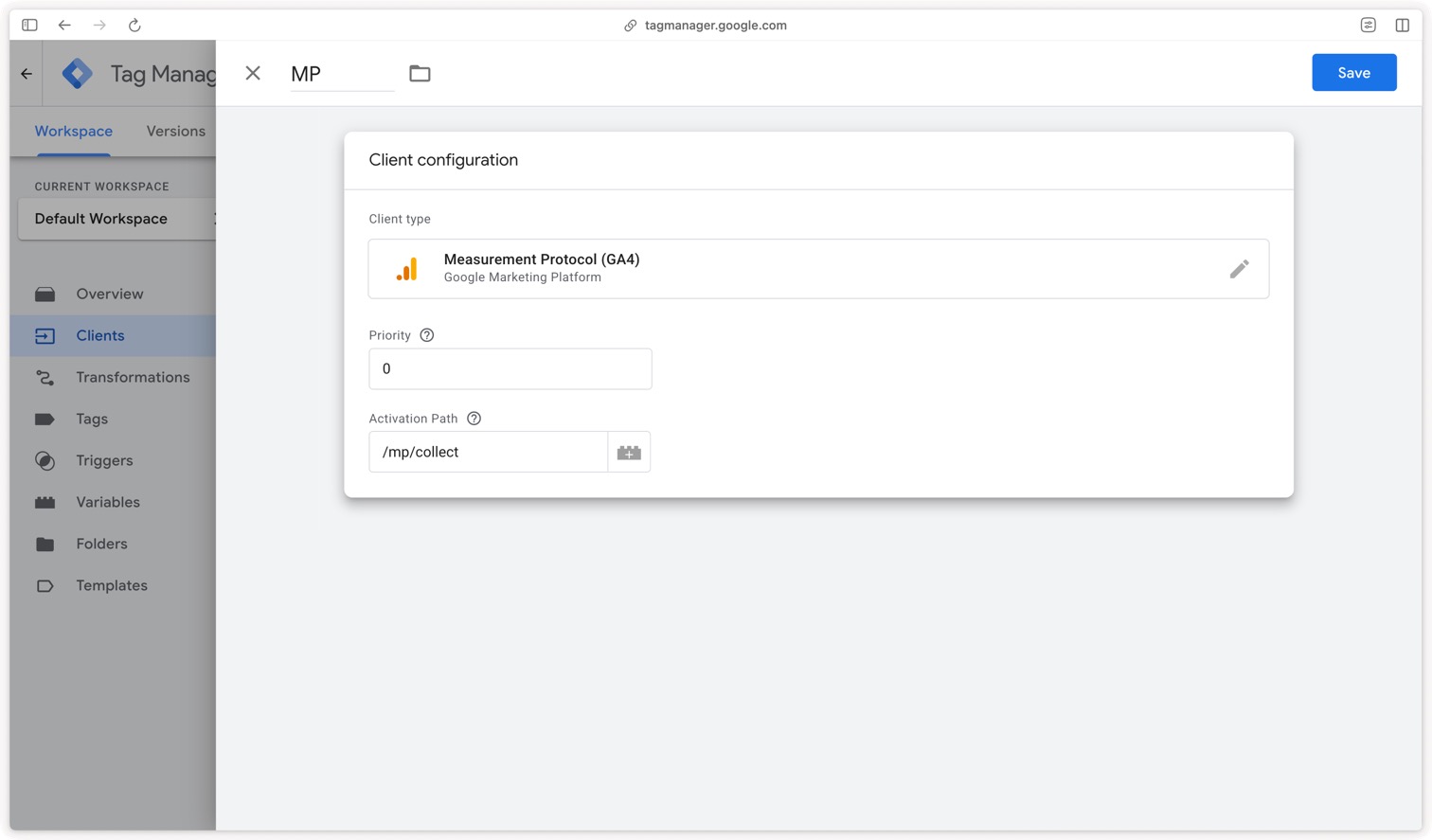Configuration of the Measurement Protocol (GA4) client in GTM Server