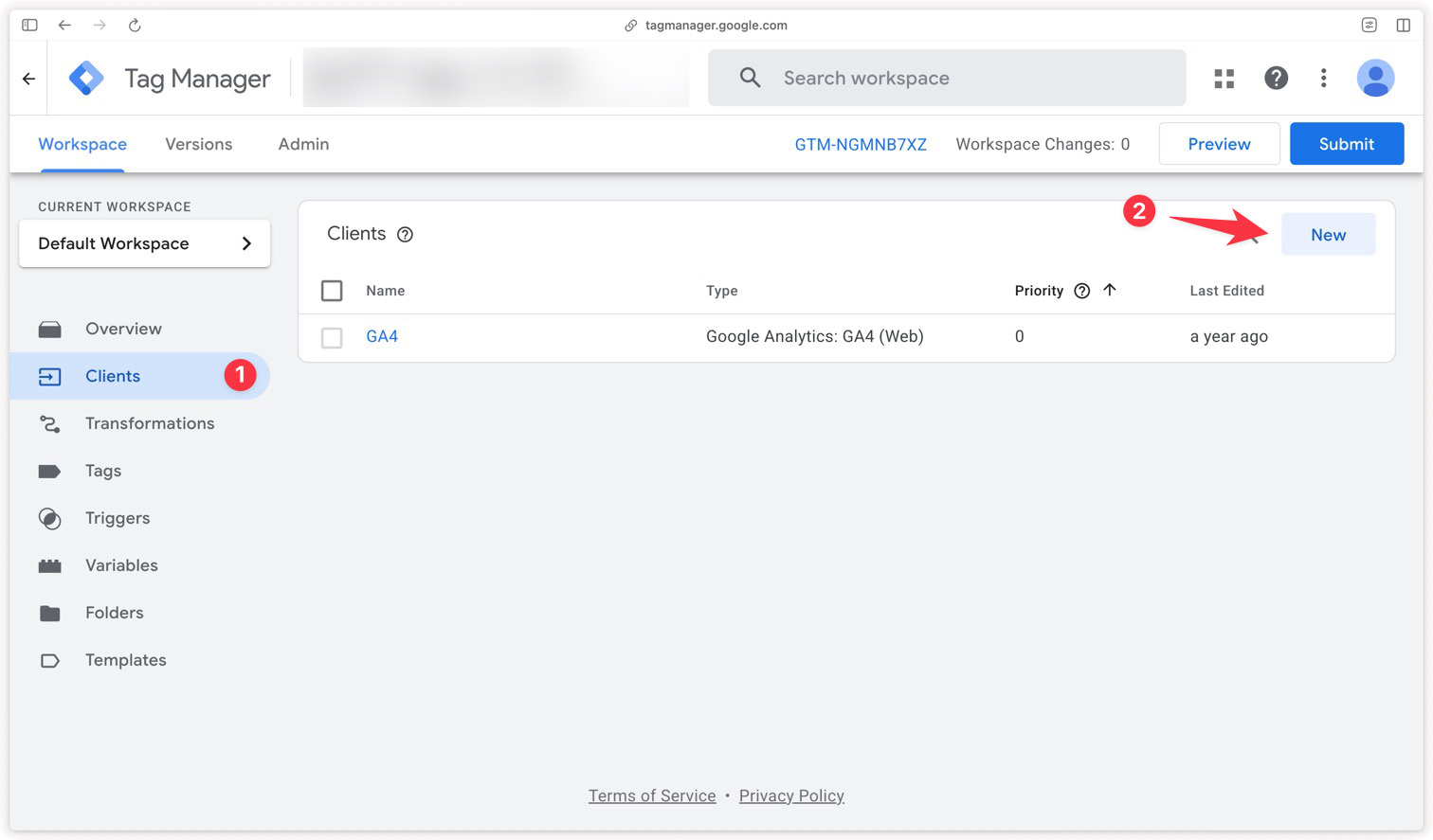 Button to create a new client in GTM Server