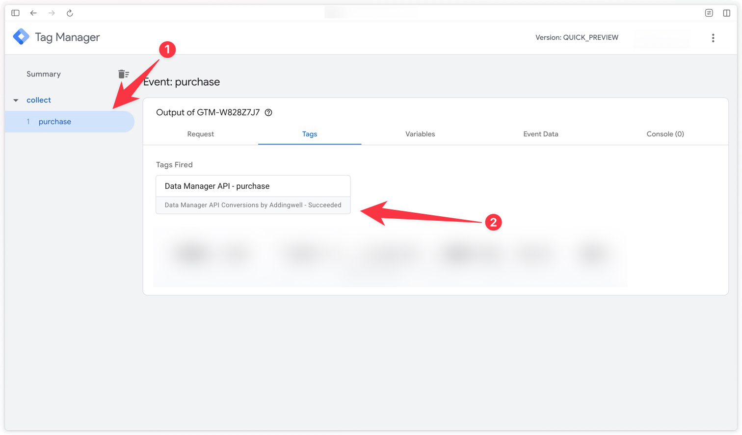 Data Manager API tag fired successfully on the purchase event