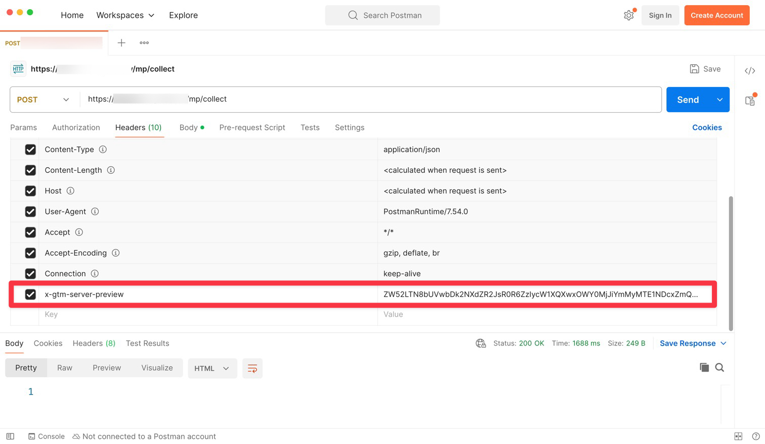 GTM Server preview token configured in Postman