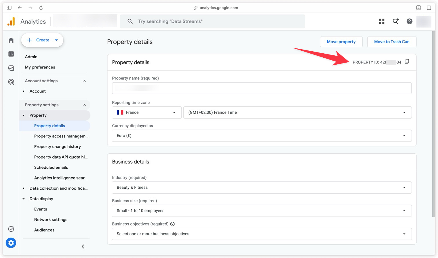 Location of the Property ID for a Google Analytics 4 property