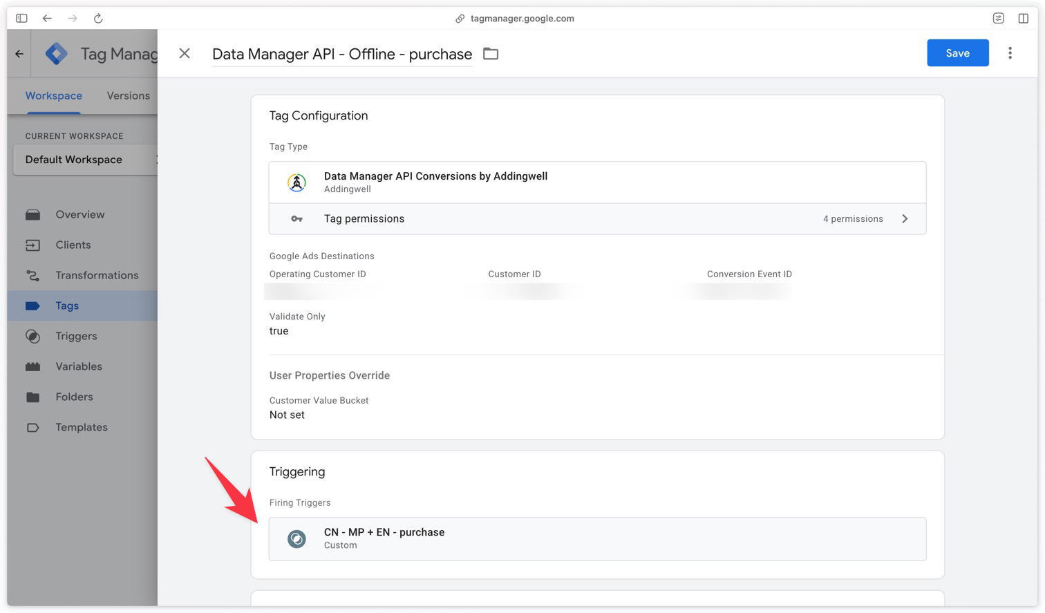 Completed configuration of the Data Manager API tag