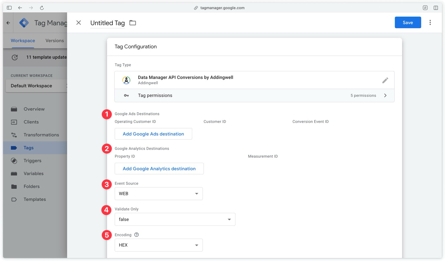 Configuring the Addingwell Data Manager API tag