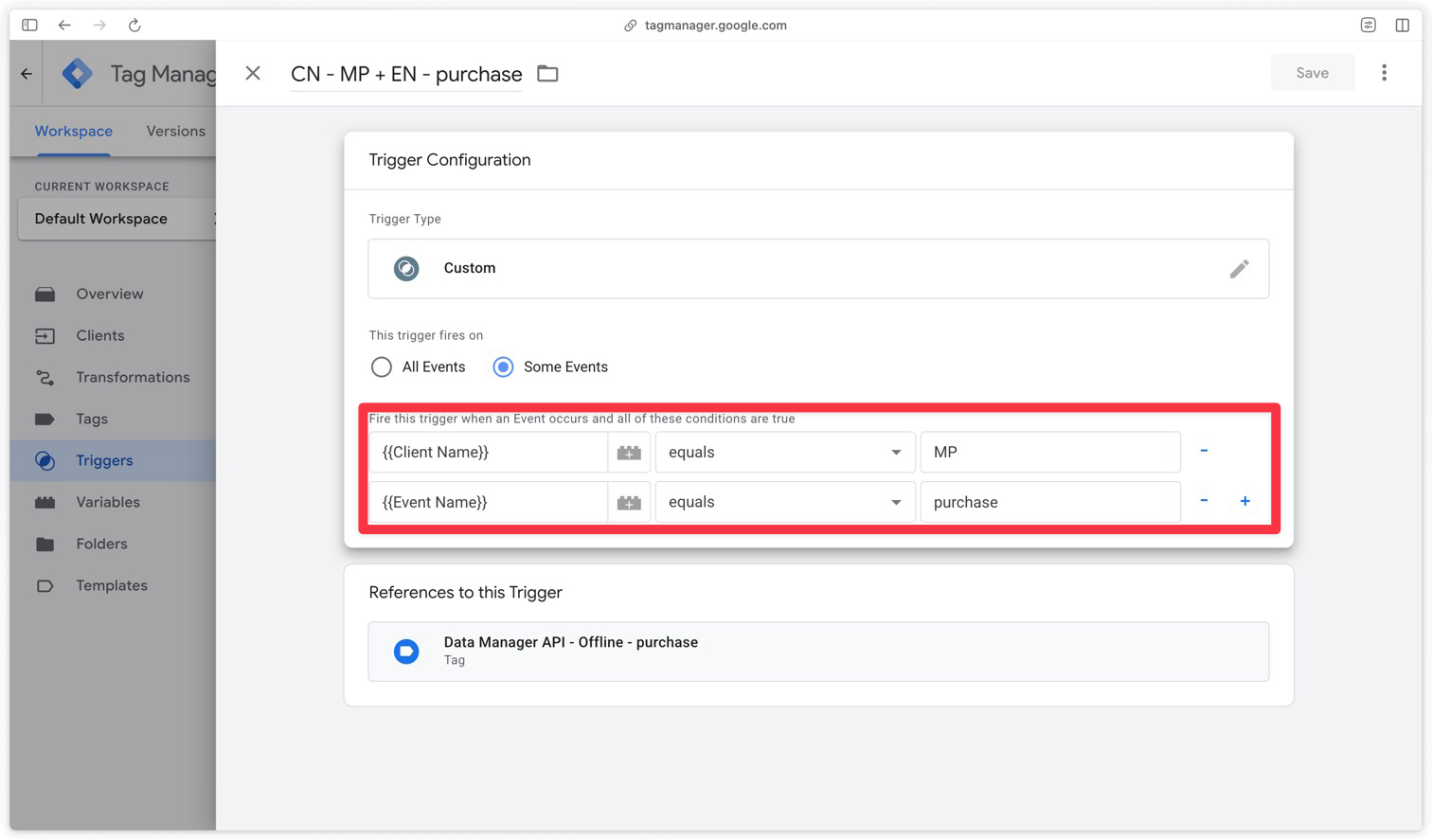 Configuring the trigger on the MP client name and the purchase event